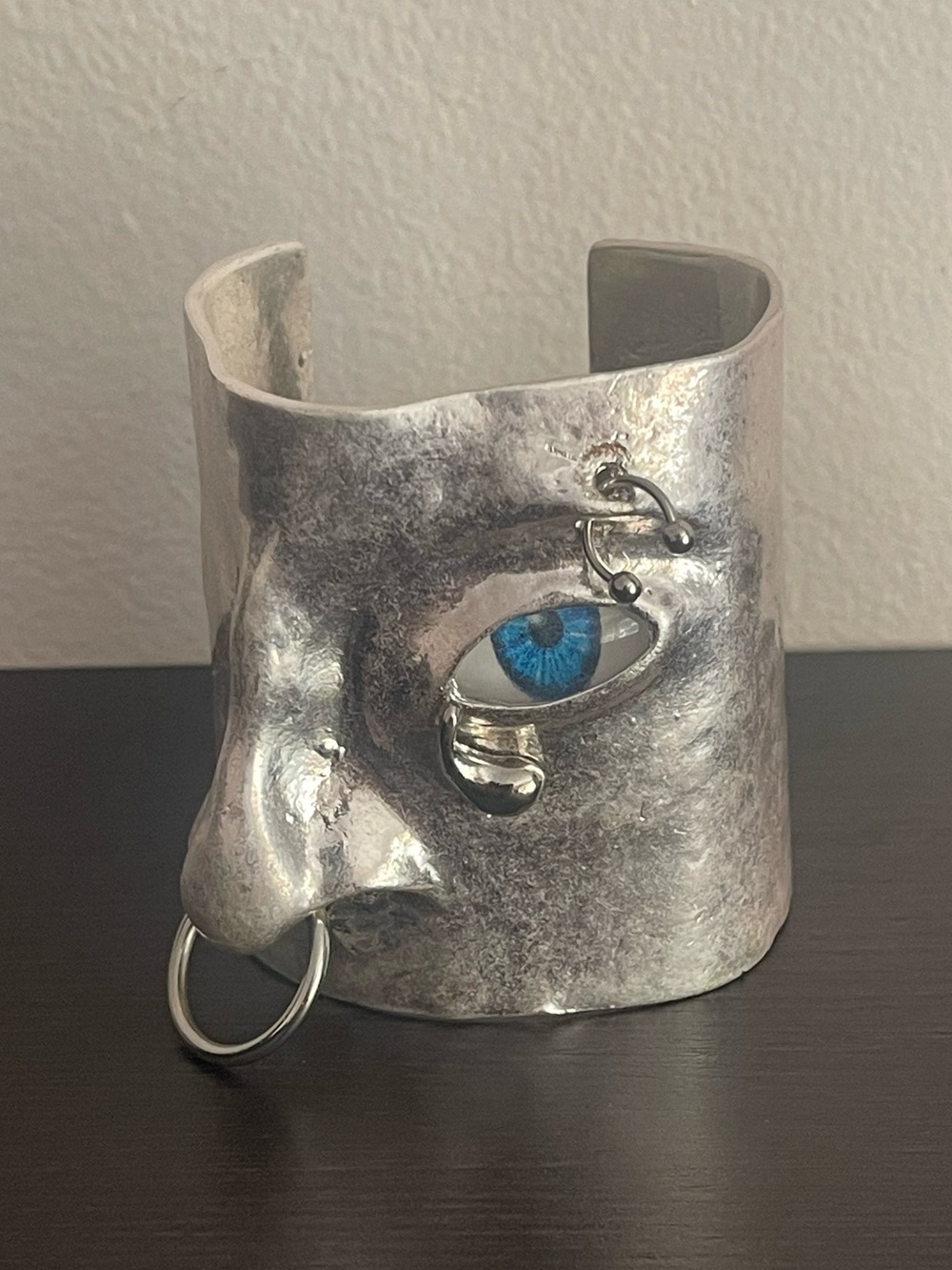 Avant Garde Silver Statement Pierced Face Sculptural Cuff Bracelet
